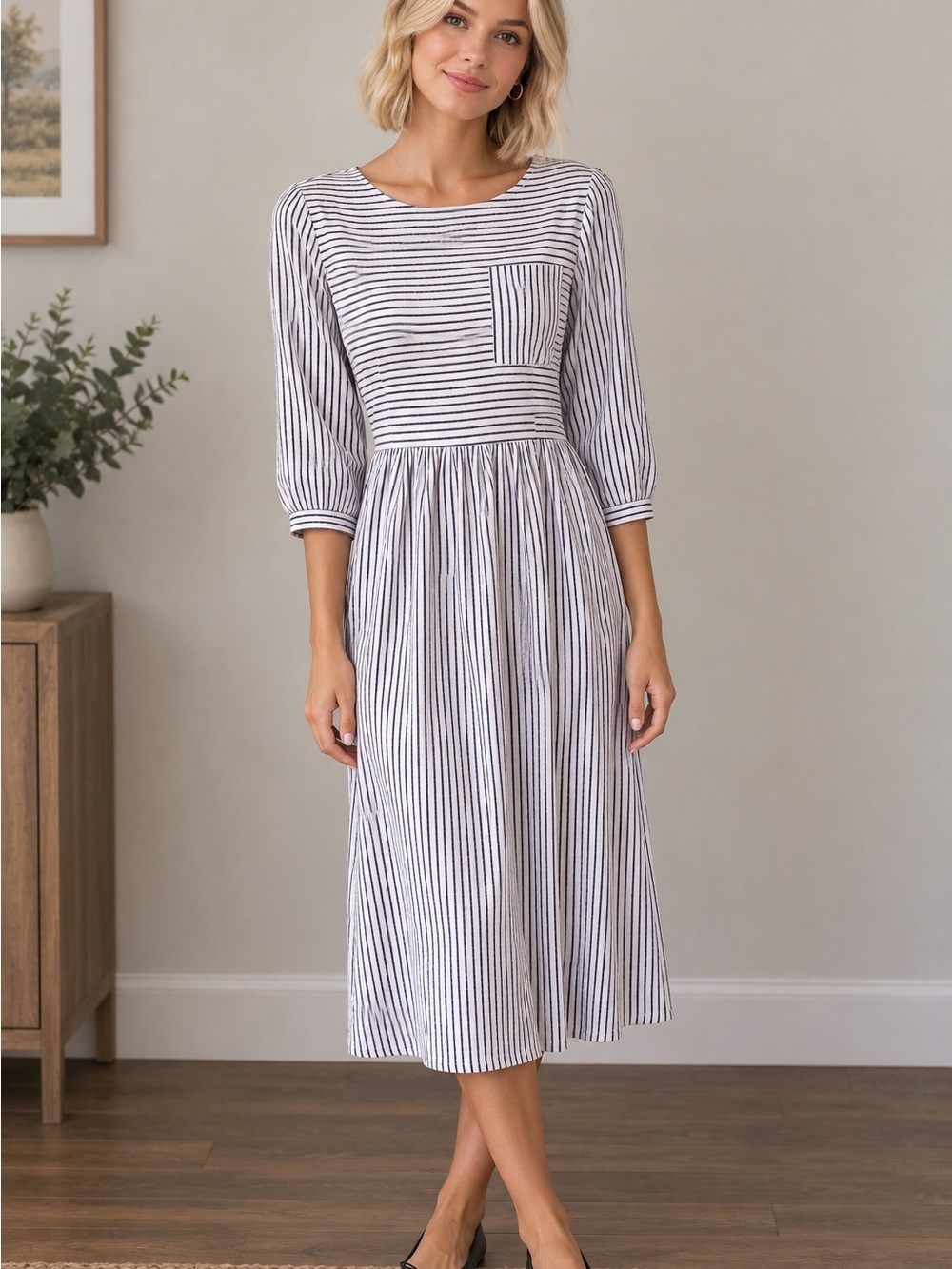 Striped Midi Dress with Pocket - Black and White